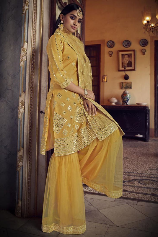 Yellow Sharara Suit | Silk Embroidered Shararas | Pink Wedding Sharara |  Saira's Boutique